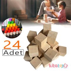 Doğal Ahşap Küp Bloklar 4 cm 24'Lü Natürel