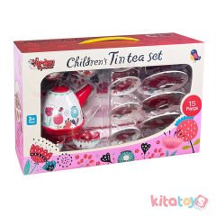 Metal Çay Seti 15 Parça Çiçek Desenli Anaokulu Oyuncak Çelik