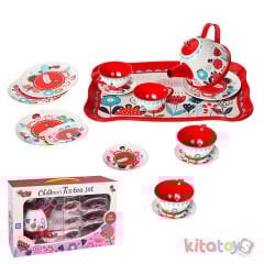 Metal Çay Seti 15 Parça Çiçek Desenli Anaokulu Oyuncak Çelik