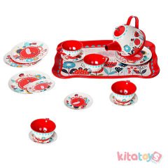 Metal Çay Seti 15 Parça Çiçek Desenli Anaokulu Oyuncak Çelik