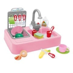 Musluklu Lavabo Seti Pilli Sulu Çeşmeli Mutfak Oyuncak 7020 Bulaşık Pembe