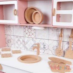 Fayans Desenli Elizya Mutfak Seti (Oyuncak Ahşap Evcilik Merkezi Dolabı)