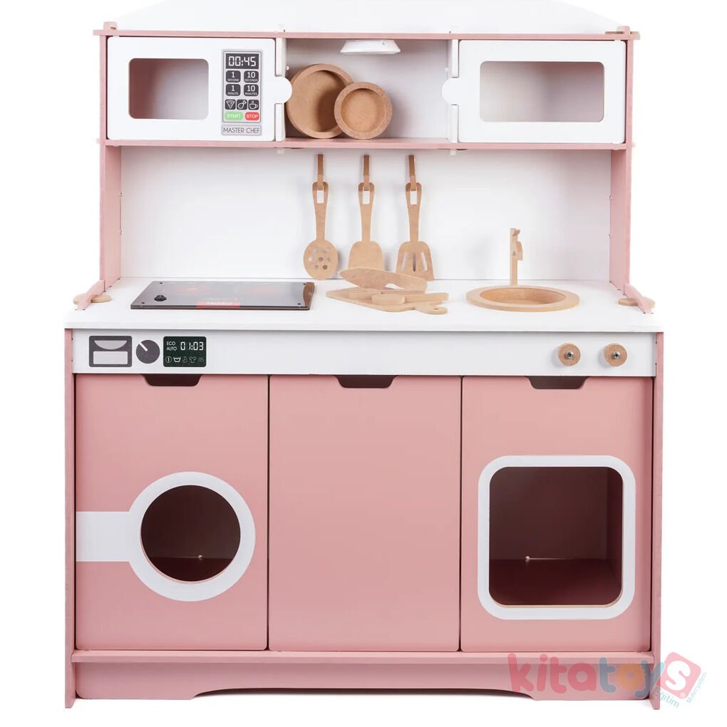 Led Ocaklı Elizya Mutfak Seti (Oyuncak Ahşap Evcilik Merkezi Dolap)