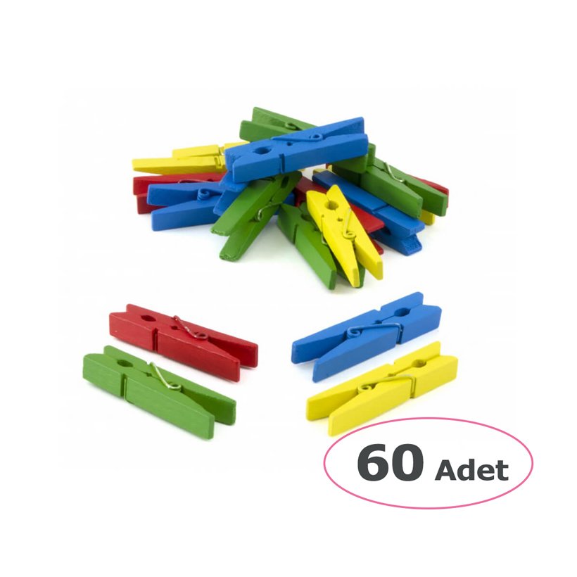 25 mm Renkli Ahşap Mandal 60 Adet (Etkinlik Malzemeleri)