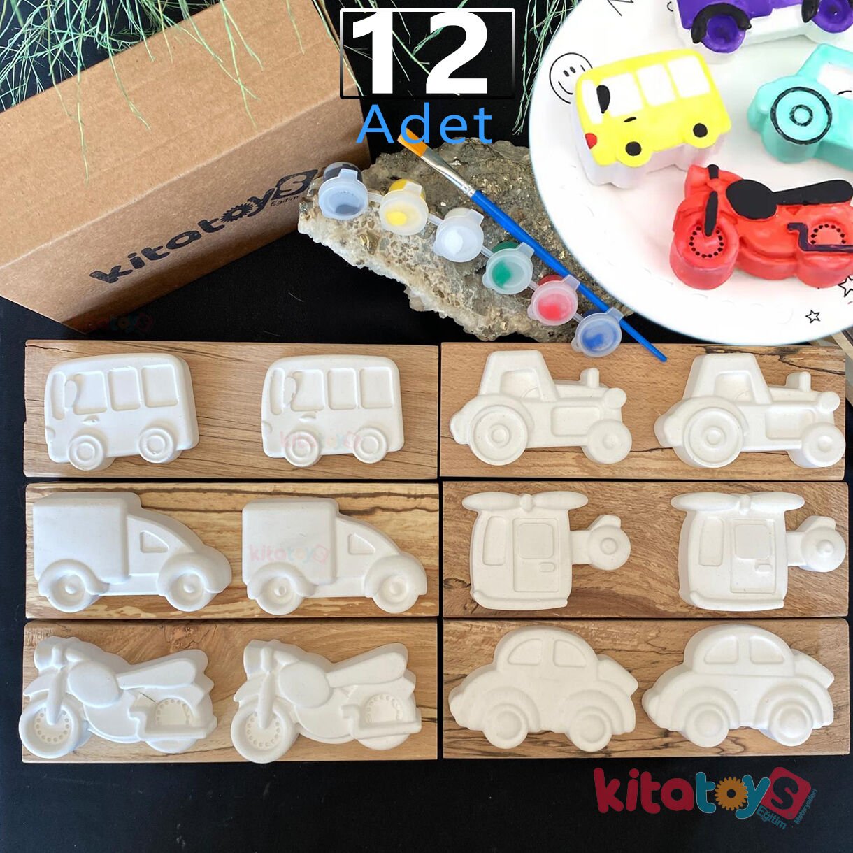 Harika Araçlar Taş Boyama Seti 12 Adet (Sağlam Taş Tozu Arabalar) Sanat Aktivite