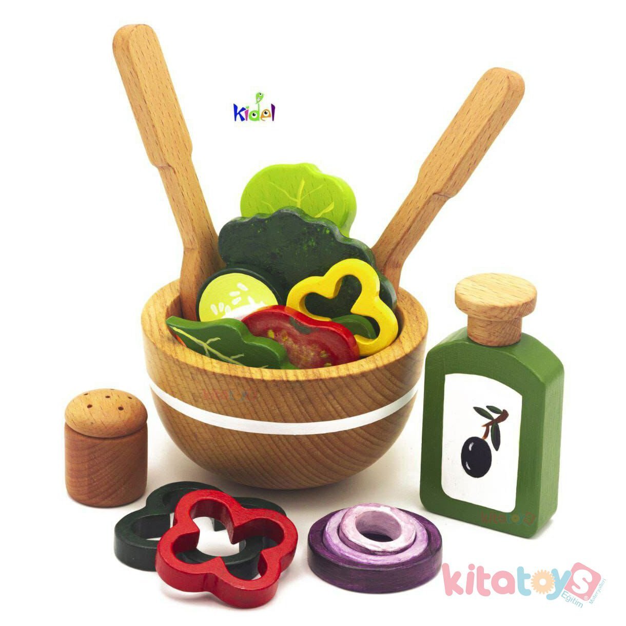 Ahşap Mevsim Salatası Tabağı Seti (Oyuncak Yiyecek Meyve Sebze Mutfak) Kidel