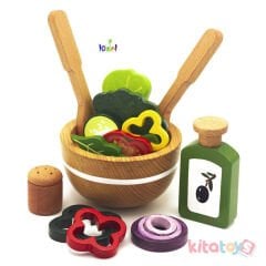 Ahşap Mevsim Salatası Tabağı Seti (Oyuncak Yiyecek Meyve Sebze Mutfak) Kidel