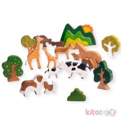 Ahşap Hayvanlar Oyuncak Seti 27 Parça (Vahşi ve Çiftlik Evcil) Kidel