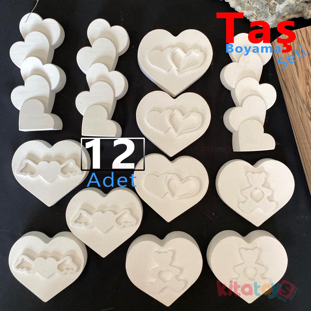 Taş Boyama KALP Figürler Seti 12 Adet (Sağlam Taş Tozu)
