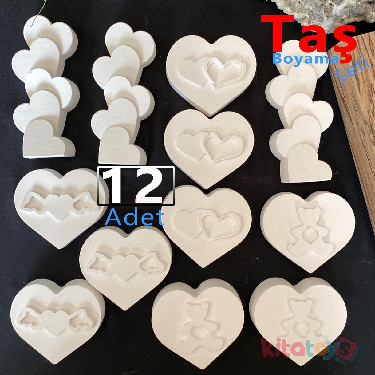 Taş Boyama KALP Figürler Seti 12 Adet (Sağlam Taş Tozu)