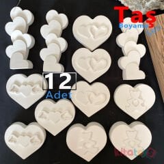 Taş Boyama KALP Figürler Seti 12 Adet (Sağlam Taş Tozu)