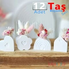 Çiçeklik & Kalemlik Tutucuları 12 Adet Hediyelik Seti Taş Boyama (Sağlam Taş Saksı Objeleri)